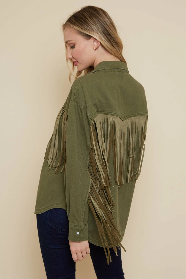 Olive & Bette's Jackets Olive And Bette's - Suede Fringe Shacket - Olive