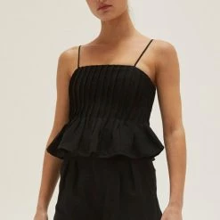 Crescent Olive And Bette's - Claudia Pleated Linen Top - Black