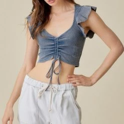 Mustard Seed Olive And Bette's - Drawstring Front Flare Sleeve Top - Washed Denim Accessories