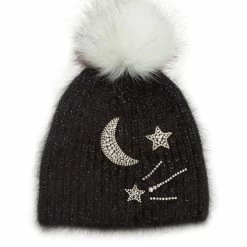 Jocelyn - Moon And Stars Hat With Faux Pom - Black Accessories