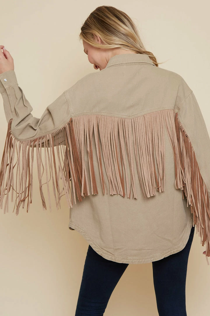Olive & Bette's Olive And Bette's - Suede Fringe Shacket - Khaki Jackets
