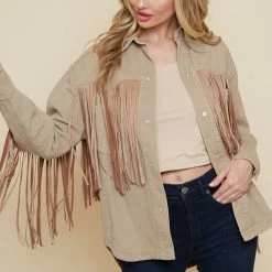Olive & Bette's Olive And Bette's - Suede Fringe Shacket - Khaki Jackets