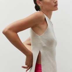 Crescent Accessories Olive And Bette's - Gianna Side Slit Sleeveless Top - Oatmeal