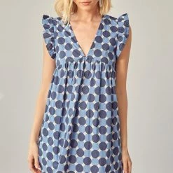 Mustard Seed Olive And Bette's - V-Neck Babydoll Geo Romper - Blue