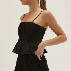 Crescent Olive And Bette's - Claudia Pleated Linen Top - Black