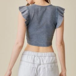 Mustard Seed Olive And Bette's - Drawstring Front Flare Sleeve Top - Washed Denim Accessories