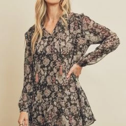 Olive & Bette's Olive And Bette's - Paisley Floral Ruffled Swing Dress - Black/Multi
