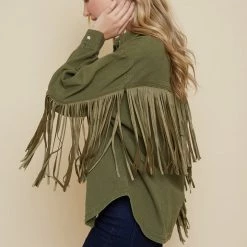 Olive & Bette's Jackets Olive And Bette's - Suede Fringe Shacket - Olive