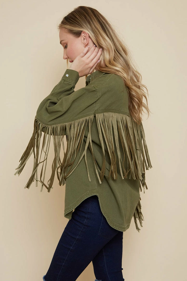 Olive & Bette's Jackets Olive And Bette's - Suede Fringe Shacket - Olive
