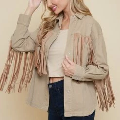 Olive & Bette's Olive And Bette's - Suede Fringe Shacket - Khaki Jackets