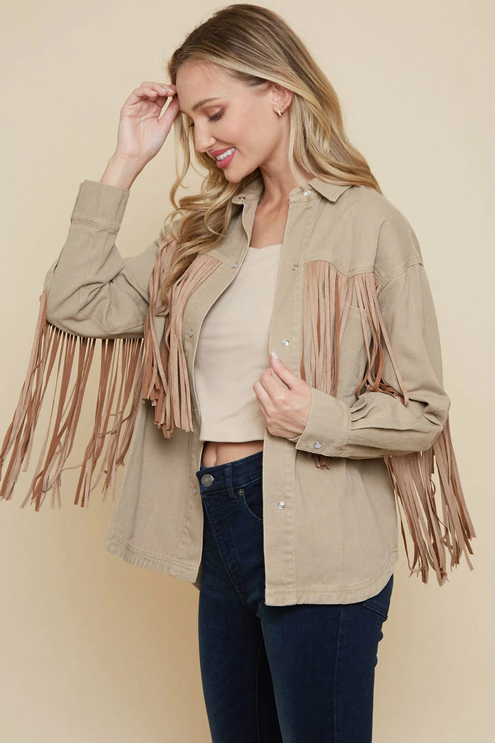 Olive & Bette's Olive And Bette's - Suede Fringe Shacket - Khaki Jackets