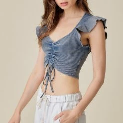 Mustard Seed Olive And Bette's - Drawstring Front Flare Sleeve Top - Washed Denim Accessories