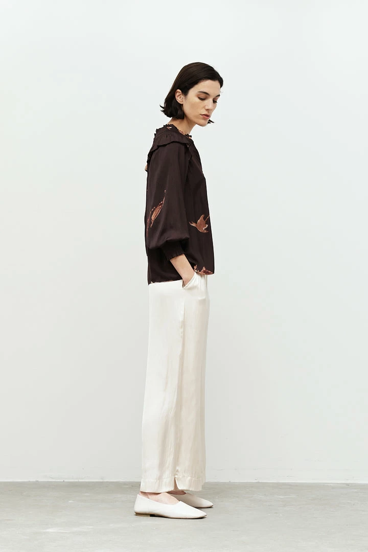 Olive & Bette's Olive And Bette's - Satin Wisp Print Shoulder Smocking Blouse - Aubergine