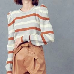 Olive & Bette's Sweaters Olive And Bette's - Stripe Puff Sleeve Sweater - Heather Grey