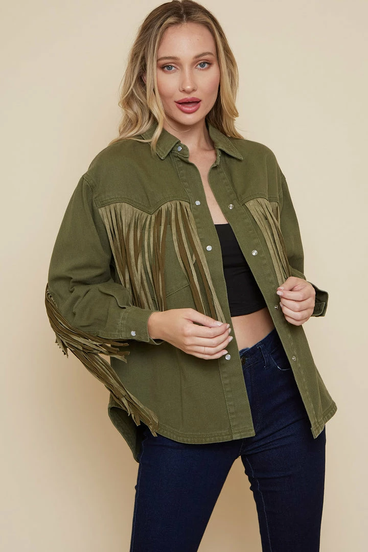 Olive & Bette's Jackets Olive And Bette's - Suede Fringe Shacket - Olive