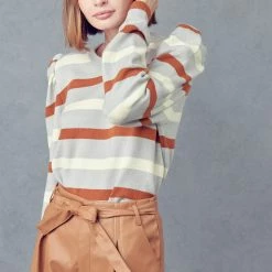 Olive & Bette's Sweaters Olive And Bette's - Stripe Puff Sleeve Sweater - Heather Grey