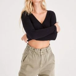 Project Social T - Simone Surplice Rib Long Sleeve - Black