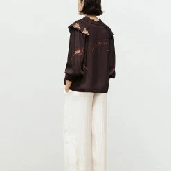 Olive & Bette's Olive And Bette's - Satin Wisp Print Shoulder Smocking Blouse - Aubergine