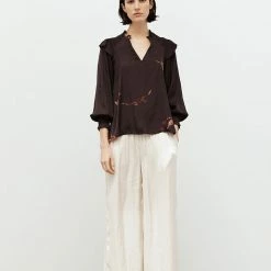 Olive & Bette's Olive And Bette's - Satin Wisp Print Shoulder Smocking Blouse - Aubergine