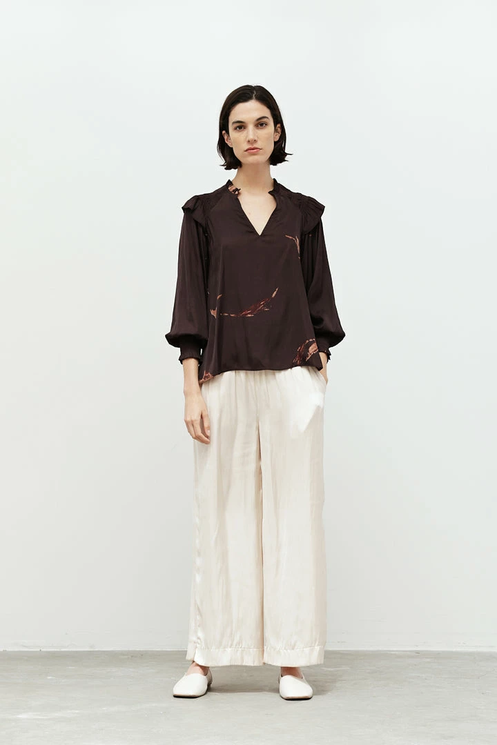 Olive & Bette's Olive And Bette's - Satin Wisp Print Shoulder Smocking Blouse - Aubergine