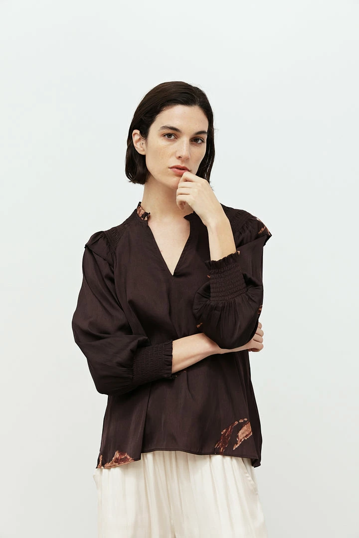 Olive & Bette's Olive And Bette's - Satin Wisp Print Shoulder Smocking Blouse - Aubergine